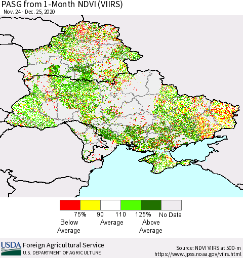 Ukraine, Moldova and Belarus PASG from 1-Month NDVI (VIIRS) Thematic Map For 12/21/2020 - 12/31/2020