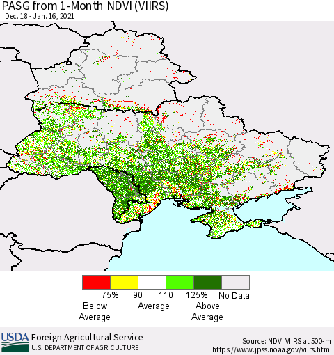 Ukraine, Moldova and Belarus PASG from 1-Month NDVI (VIIRS) Thematic Map For 1/11/2021 - 1/20/2021