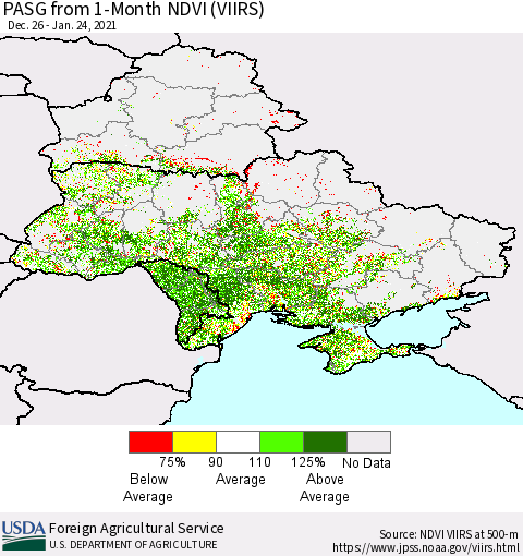 Ukraine, Moldova and Belarus PASG from 1-Month NDVI (VIIRS) Thematic Map For 1/21/2021 - 1/31/2021