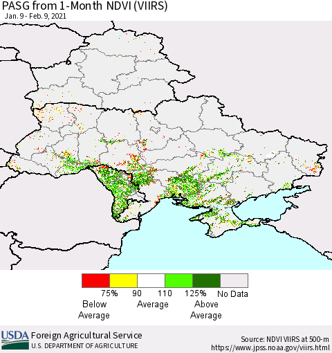 Ukraine, Moldova and Belarus PASG from 1-Month NDVI (VIIRS) Thematic Map For 2/1/2021 - 2/10/2021