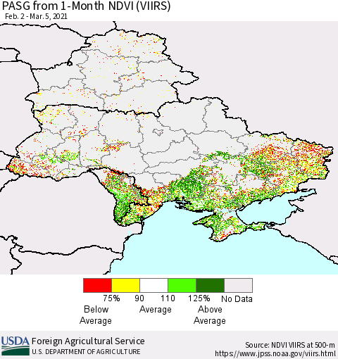 Ukraine, Moldova and Belarus PASG from 1-Month NDVI (VIIRS) Thematic Map For 3/1/2021 - 3/10/2021