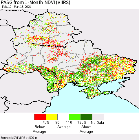 Ukraine, Moldova and Belarus PASG from 1-Month NDVI (VIIRS) Thematic Map For 3/6/2021 - 3/13/2021