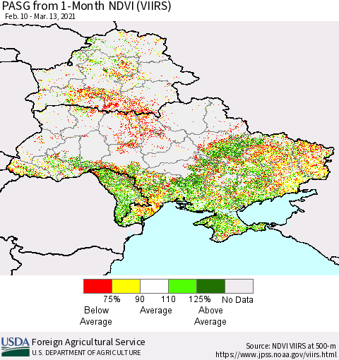 Ukraine, Moldova and Belarus PASG from 1-Month NDVI (VIIRS) Thematic Map For 3/11/2021 - 3/20/2021