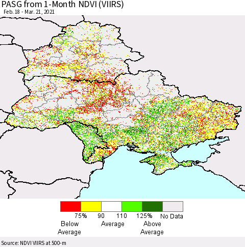 Ukraine, Moldova and Belarus PASG from 1-Month NDVI (VIIRS) Thematic Map For 3/14/2021 - 3/21/2021