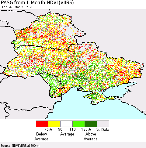 Ukraine, Moldova and Belarus PASG from 1-Month NDVI (VIIRS) Thematic Map For 3/22/2021 - 3/29/2021