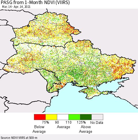 Ukraine, Moldova and Belarus PASG from 1-Month NDVI (VIIRS) Thematic Map For 4/7/2021 - 4/14/2021