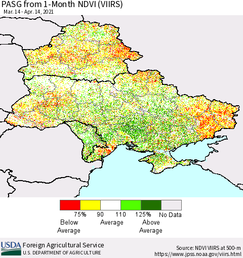 Ukraine, Moldova and Belarus PASG from 1-Month NDVI (VIIRS) Thematic Map For 4/11/2021 - 4/20/2021
