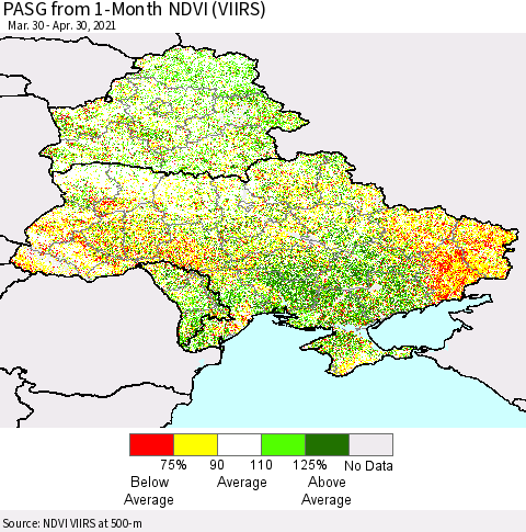 Ukraine, Moldova and Belarus PASG from 1-Month NDVI (VIIRS) Thematic Map For 4/21/2021 - 4/30/2021