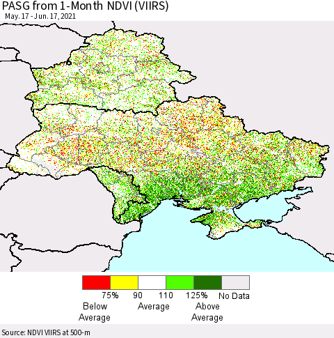 Ukraine, Moldova and Belarus PASG from 1-Month NDVI (VIIRS) Thematic Map For 6/10/2021 - 6/17/2021