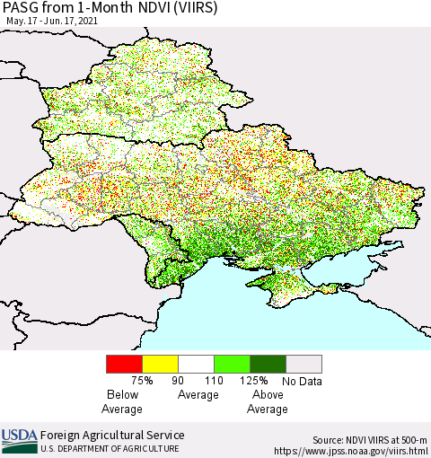 Ukraine, Moldova and Belarus PASG from 1-Month NDVI (VIIRS) Thematic Map For 6/11/2021 - 6/20/2021