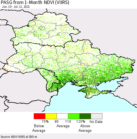 Ukraine, Moldova and Belarus PASG from 1-Month NDVI (VIIRS) Thematic Map For 7/4/2021 - 7/11/2021