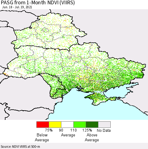 Ukraine, Moldova and Belarus PASG from 1-Month NDVI (VIIRS) Thematic Map For 7/12/2021 - 7/19/2021