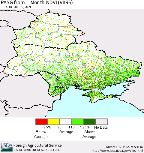 Ukraine, Moldova and Belarus PASG from 1-Month NDVI (VIIRS) Thematic Map For 7/11/2021 - 7/20/2021