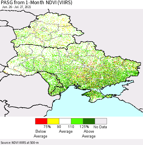 Ukraine, Moldova and Belarus PASG from 1-Month NDVI (VIIRS) Thematic Map For 7/20/2021 - 7/27/2021