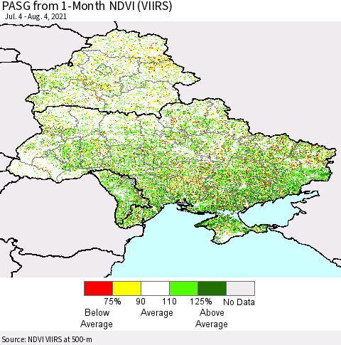Ukraine, Moldova and Belarus PASG from 1-Month NDVI (VIIRS) Thematic Map For 7/28/2021 - 8/4/2021