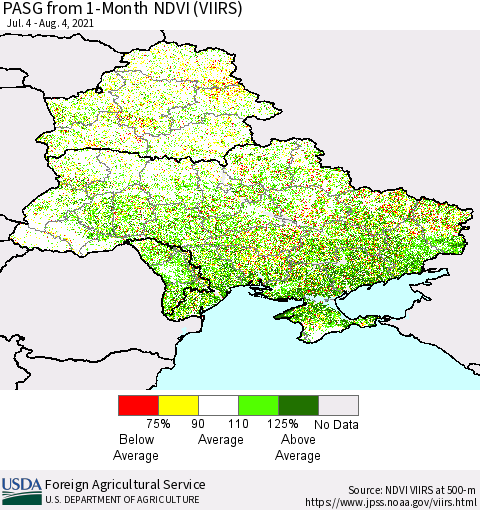 Ukraine, Moldova and Belarus PASG from 1-Month NDVI (VIIRS) Thematic Map For 8/1/2021 - 8/10/2021