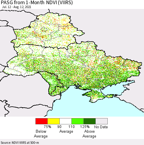Ukraine, Moldova and Belarus PASG from 1-Month NDVI (VIIRS) Thematic Map For 8/5/2021 - 8/12/2021
