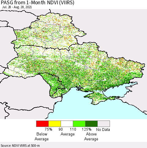 Ukraine, Moldova and Belarus PASG from 1-Month NDVI (VIIRS) Thematic Map For 8/21/2021 - 8/28/2021