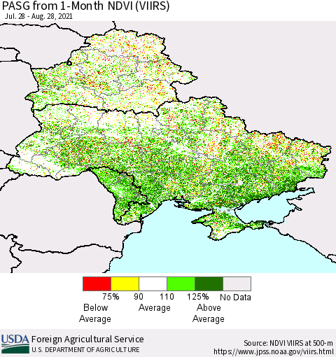 Ukraine, Moldova and Belarus PASG from 1-Month NDVI (VIIRS) Thematic Map For 8/21/2021 - 8/31/2021