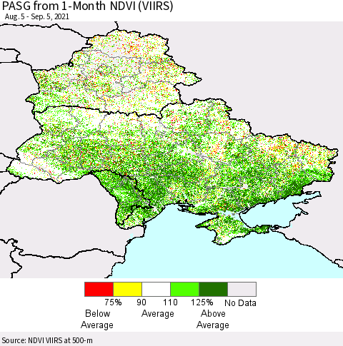 Ukraine, Moldova and Belarus PASG from 1-Month NDVI (VIIRS) Thematic Map For 8/29/2021 - 9/5/2021