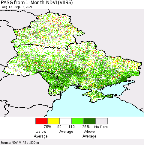 Ukraine, Moldova and Belarus PASG from 1-Month NDVI (VIIRS) Thematic Map For 9/6/2021 - 9/13/2021