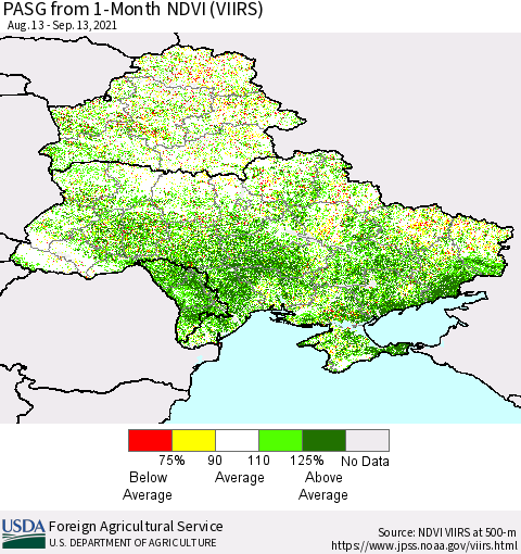 Ukraine, Moldova and Belarus PASG from 1-Month NDVI (VIIRS) Thematic Map For 9/11/2021 - 9/20/2021