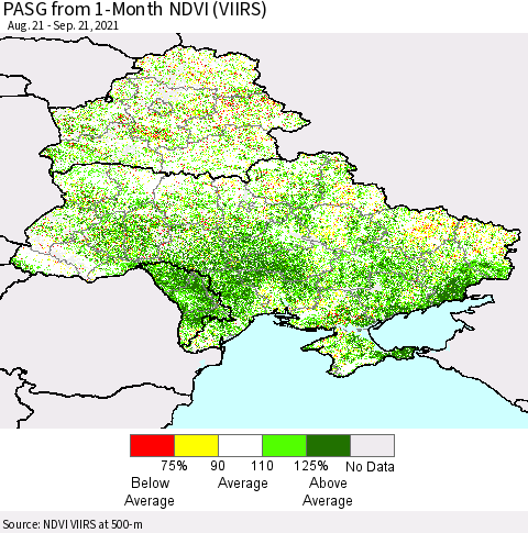Ukraine, Moldova and Belarus PASG from 1-Month NDVI (VIIRS) Thematic Map For 9/14/2021 - 9/21/2021