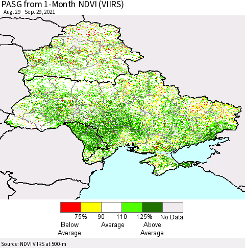 Ukraine, Moldova and Belarus PASG from 1-Month NDVI (VIIRS) Thematic Map For 9/22/2021 - 9/29/2021
