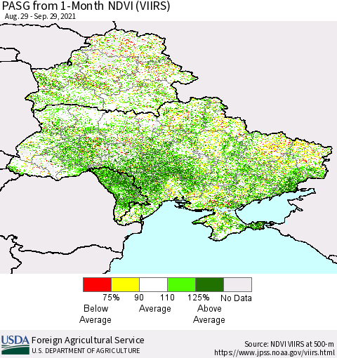 Ukraine, Moldova and Belarus PASG from 1-Month NDVI (VIIRS) Thematic Map For 9/21/2021 - 9/30/2021