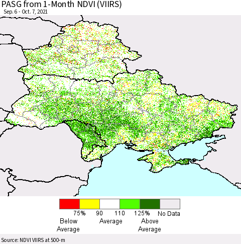 Ukraine, Moldova and Belarus PASG from 1-Month NDVI (VIIRS) Thematic Map For 9/30/2021 - 10/7/2021