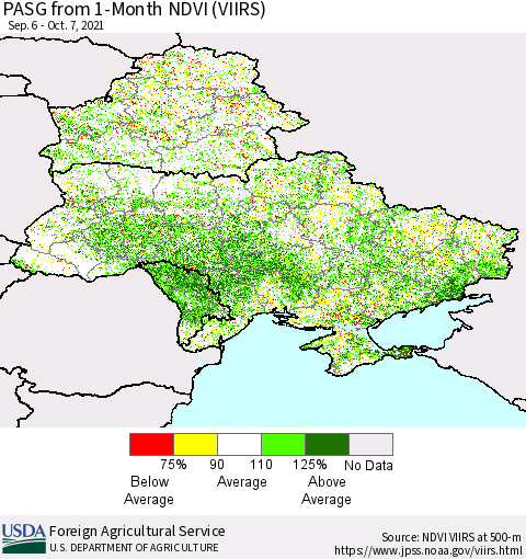 Ukraine, Moldova and Belarus PASG from 1-Month NDVI (VIIRS) Thematic Map For 10/1/2021 - 10/10/2021