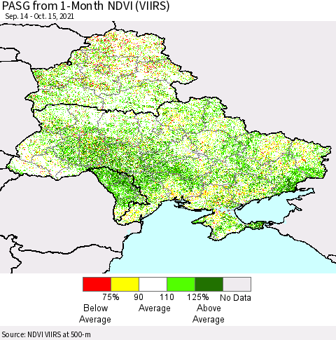 Ukraine, Moldova and Belarus PASG from 1-Month NDVI (VIIRS) Thematic Map For 10/8/2021 - 10/15/2021