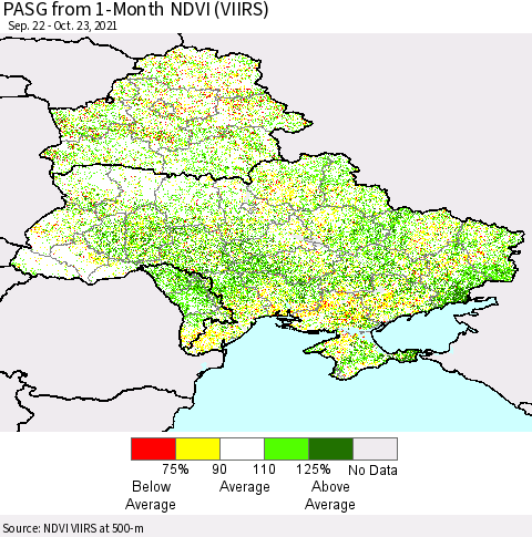 Ukraine, Moldova and Belarus PASG from 1-Month NDVI (VIIRS) Thematic Map For 10/16/2021 - 10/23/2021