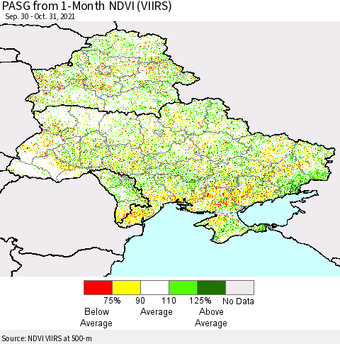 Ukraine, Moldova and Belarus PASG from 1-Month NDVI (VIIRS) Thematic Map For 10/21/2021 - 10/31/2021