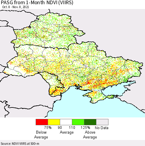 Ukraine, Moldova and Belarus PASG from 1-Month NDVI (VIIRS) Thematic Map For 11/1/2021 - 11/8/2021