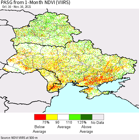 Ukraine, Moldova and Belarus PASG from 1-Month NDVI (VIIRS) Thematic Map For 11/9/2021 - 11/16/2021