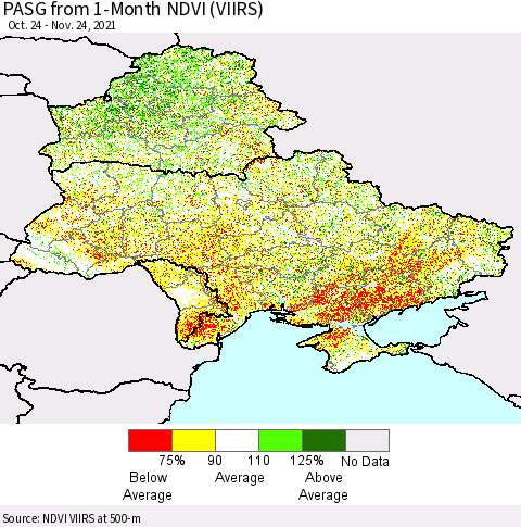 Ukraine, Moldova and Belarus PASG from 1-Month NDVI (VIIRS) Thematic Map For 11/17/2021 - 11/24/2021