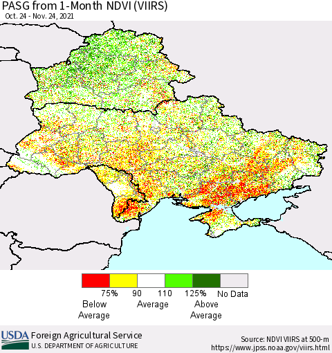 Ukraine, Moldova and Belarus PASG from 1-Month NDVI (VIIRS) Thematic Map For 11/21/2021 - 11/30/2021