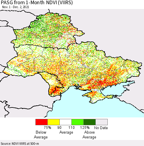 Ukraine, Moldova and Belarus PASG from 1-Month NDVI (VIIRS) Thematic Map For 11/25/2021 - 12/2/2021