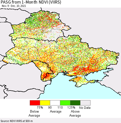 Ukraine, Moldova and Belarus PASG from 1-Month NDVI (VIIRS) Thematic Map For 12/1/2021 - 12/10/2021