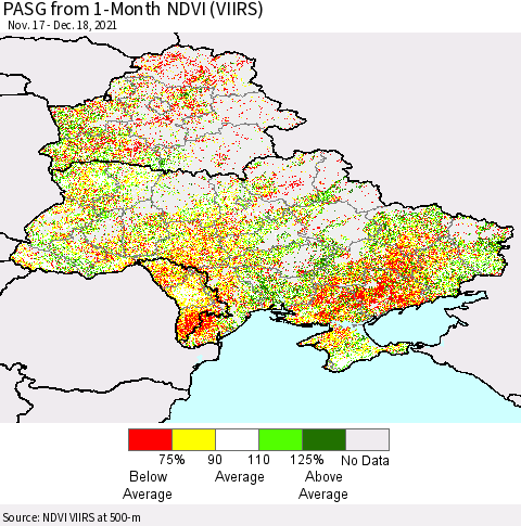 Ukraine, Moldova and Belarus PASG from 1-Month NDVI (VIIRS) Thematic Map For 12/11/2021 - 12/18/2021