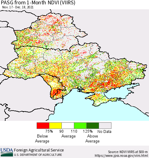 Ukraine, Moldova and Belarus PASG from 1-Month NDVI (VIIRS) Thematic Map For 12/11/2021 - 12/20/2021