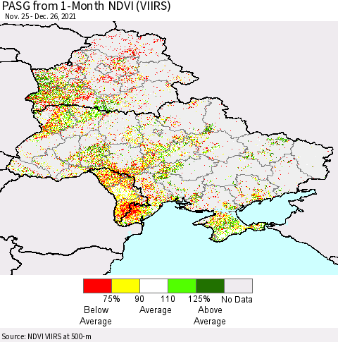 Ukraine, Moldova and Belarus PASG from 1-Month NDVI (VIIRS) Thematic Map For 12/19/2021 - 12/26/2021