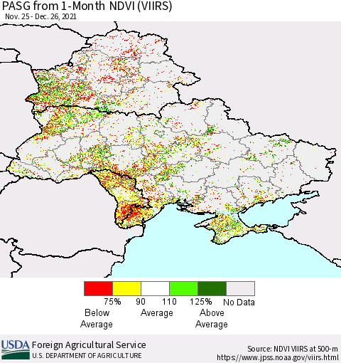 Ukraine, Moldova and Belarus PASG from 1-Month NDVI (VIIRS) Thematic Map For 12/21/2021 - 12/31/2021