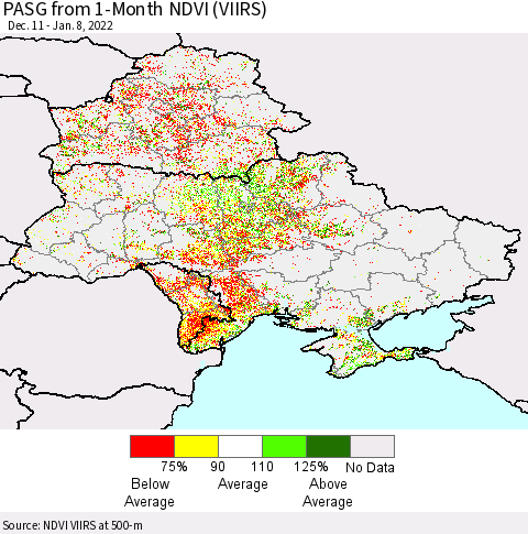 Ukraine, Moldova and Belarus PASG from 1-Month NDVI (VIIRS) Thematic Map For 1/1/2022 - 1/8/2022