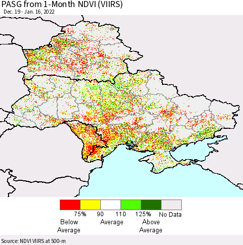 Ukraine, Moldova and Belarus PASG from 1-Month NDVI (VIIRS) Thematic Map For 1/9/2022 - 1/16/2022