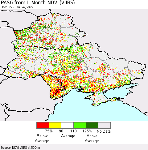 Ukraine, Moldova and Belarus PASG from 1-Month NDVI (VIIRS) Thematic Map For 1/17/2022 - 1/24/2022