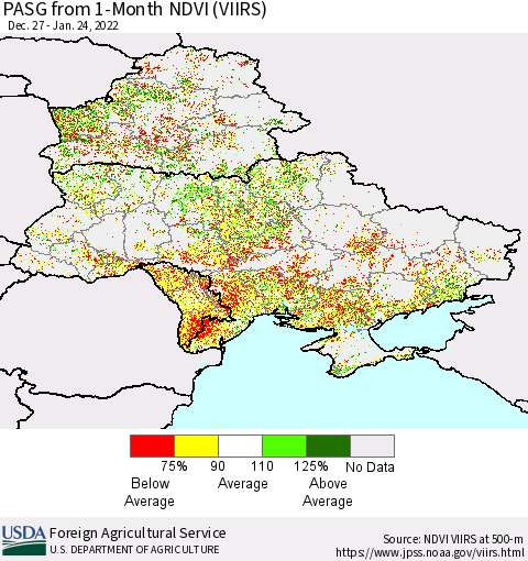 Ukraine, Moldova and Belarus PASG from 1-Month NDVI (VIIRS) Thematic Map For 1/21/2022 - 1/31/2022