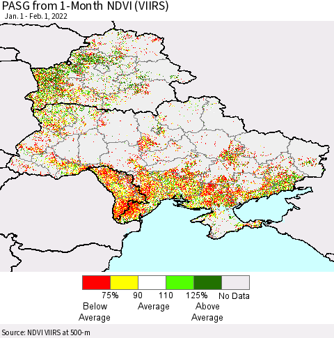 Ukraine, Moldova and Belarus PASG from 1-Month NDVI (VIIRS) Thematic Map For 1/25/2022 - 2/1/2022