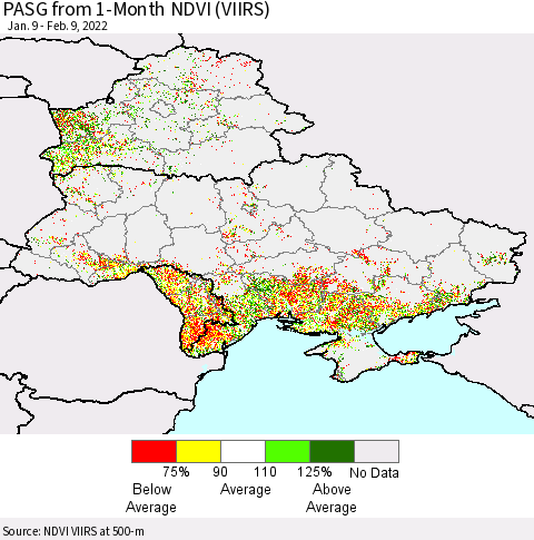 Ukraine, Moldova and Belarus PASG from 1-Month NDVI (VIIRS) Thematic Map For 2/2/2022 - 2/9/2022